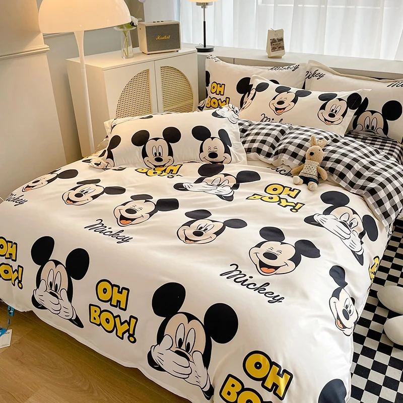 Disney Klassischer Bettbezug Schwarz Weiß Kariert Mickey Mouse Bettwäsche Set Cartoon Bett Kissenbezug Einzel Doppel Queen King Size Dekor