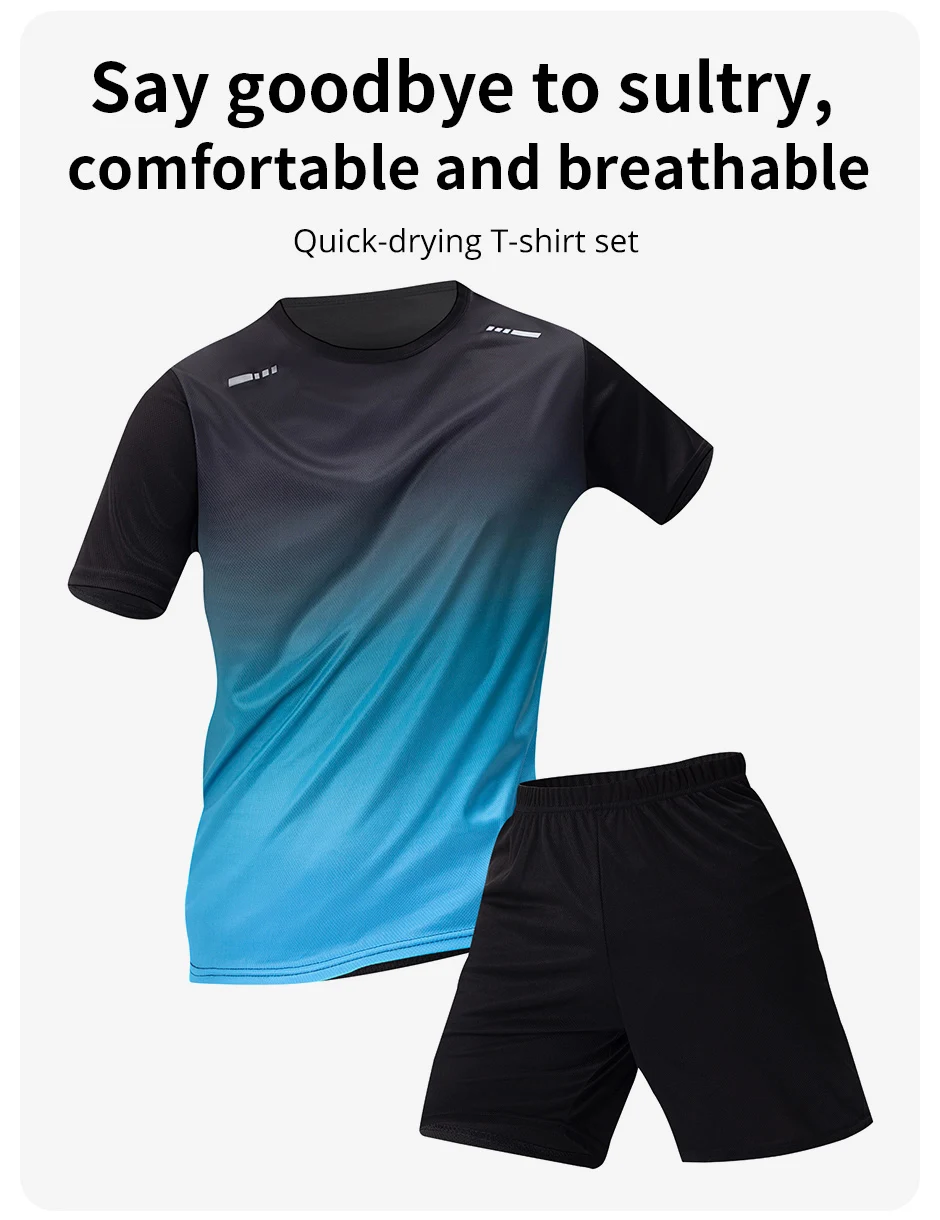 3-teiliger, schnell trocknender Sport-Farbverlaufsanzug für Herren, Freizeit, Sport, Laufen, kurze Ärmel, bequeme Sonnenschutzhose, Joker-Shorts – Detail 3