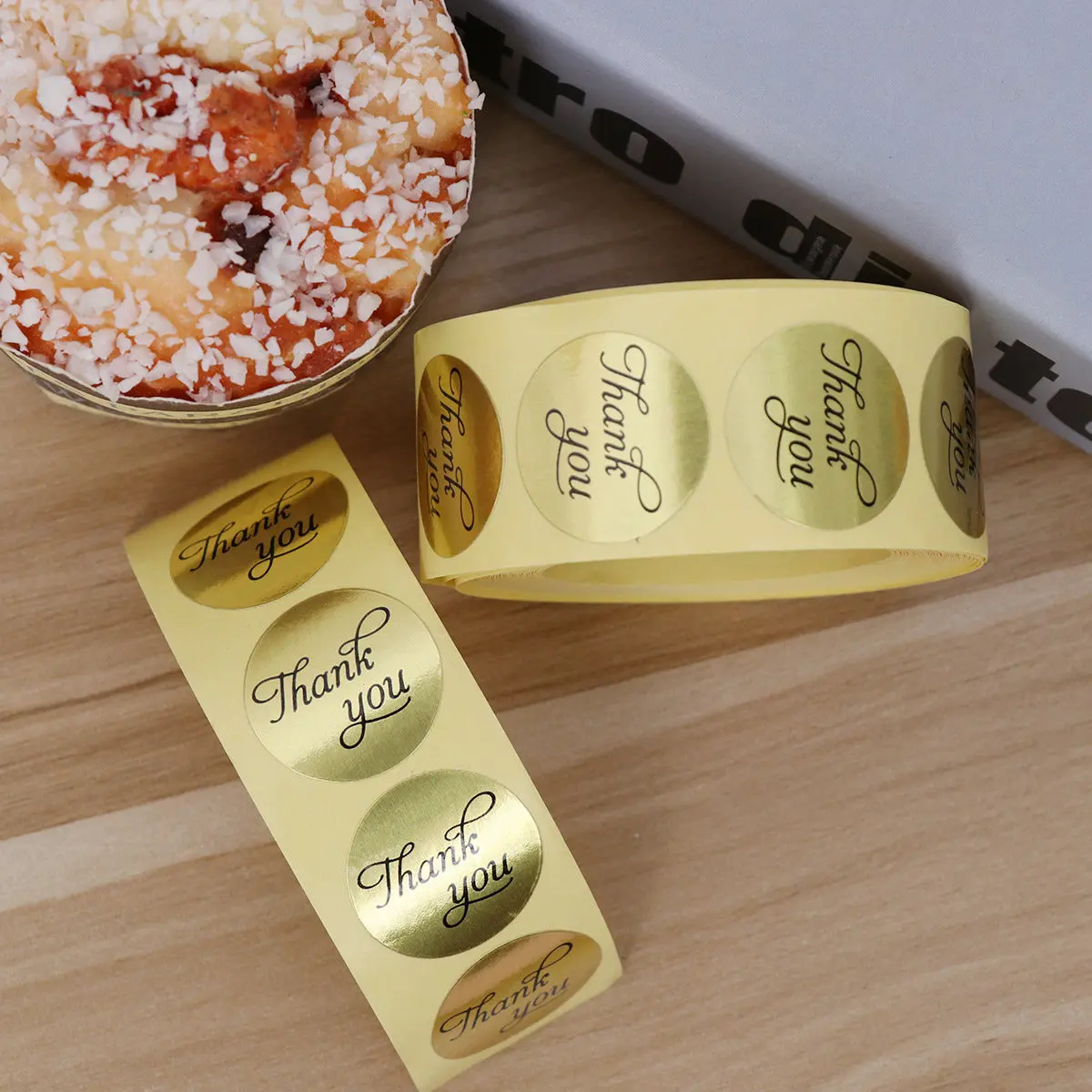 1 Roll Round Label Stickers Golden Handwriting Thank You Letters Cookie Bag Labels Baking Packaging Decorative Sticker Roll