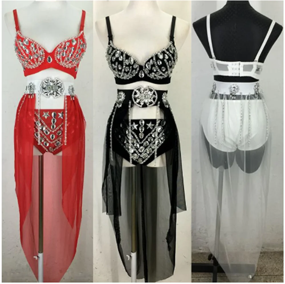 

Rhinestone Bikini Skirt Women DJ Costume Nightclub Gogo Pole Dance Clothing Three Pieces Set Singer Stage Dress Outfits