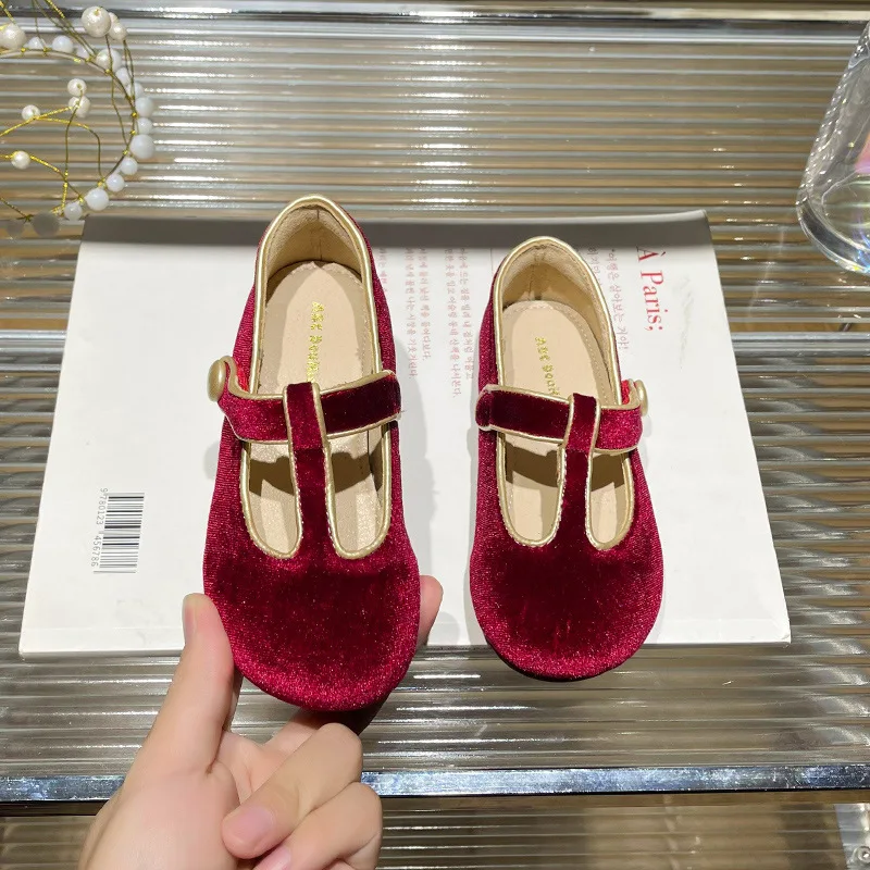 Girls Velvet Flats Baby Shallow Dress Shoes 2023 Korea Style Children's Flats Soft Sole Retro Style Princess Girls Leather Shoes