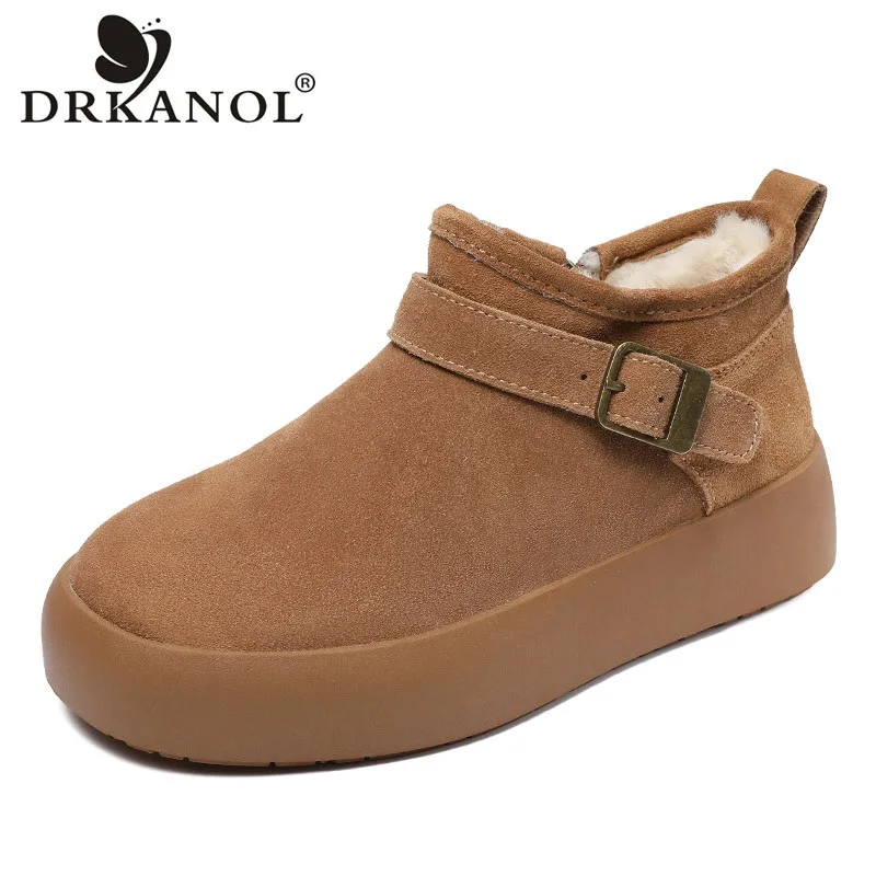 DRKANOL Fashion Women Winter Warm Snow Boots Solid Color Cow Suede Leather Flat Platform Slip On Ankle Boots Women Cotton Shoes