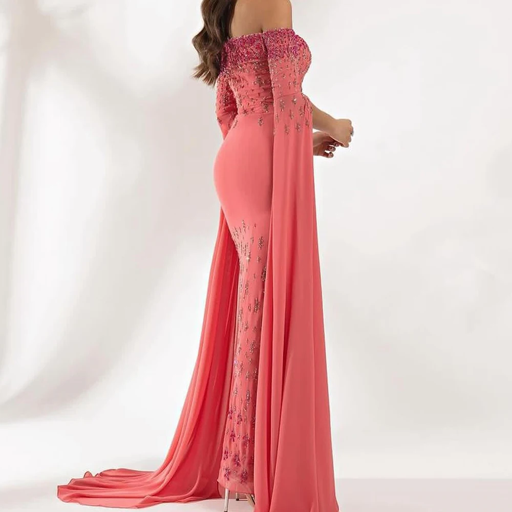 Customized Delicate  Crystal Boat Neck Floor Length Straight Gowns Chiffon Off The Shoulder Long Sleeves  Vestidos Para Mujer