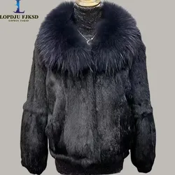 Real Rex Rabbit Fur Coat Women Autumn Winter Short Jacket Thick Warm New Raccoon DogFur Collar Elegant Female Warm Outerwear