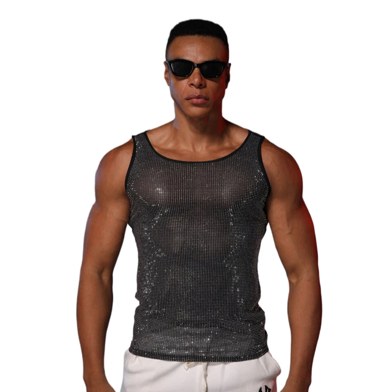Herren Glitzerndes Strass-Mesh-Tanktop, Durchsichtiges Glitzer-Party-Shirt, Nachtclub-Bühnen-Musikfestival-Rave-Performance-Clubwear – Detail 2