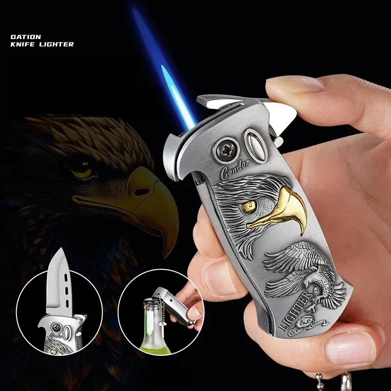 New Metal Relief Pattern Lighter with Bottle Opener Folding Knife Windproof Spray Flame Inflatable Lighter for Men Small Tool