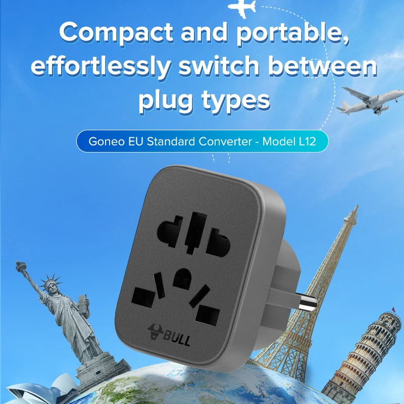 GONEO Safety EU/UK Standard Adapter with EU US UK AU Socket for International Travel, Home Appliances, Business and Study