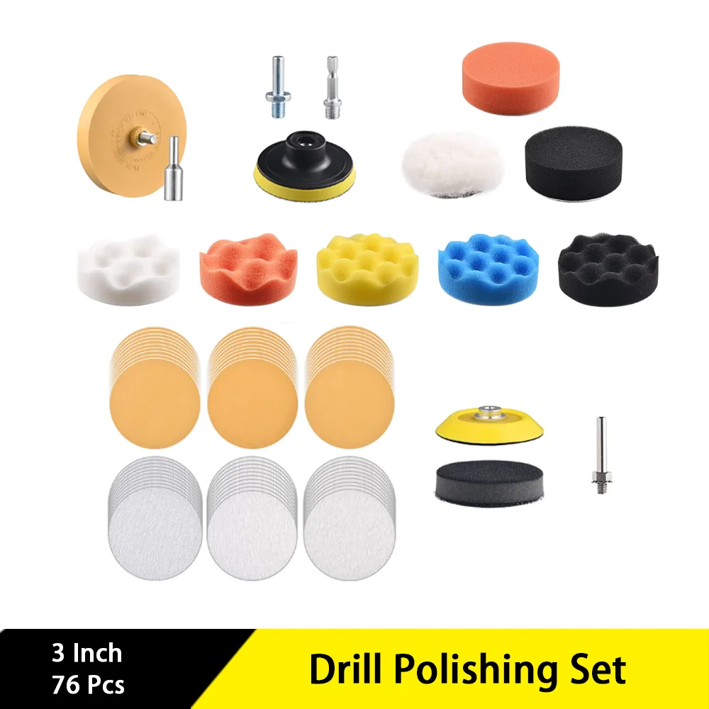 

3 Inch Drill Polishing Set 76 Pcs with Waterproof Sanding Discs Eraser Wheel Assorted 240-1000 Grits Sandpaper for Cleaning