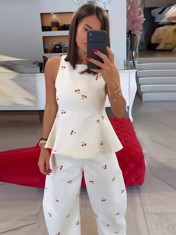 Damen-Hosenanzug 2-teilig Bedruckt O-Ausschnitt Ärmellos Rüschen Slim-Fit Oberteil mit Gebogenen Hosenbeinen Schicke Büro-Damen-Outfits Neu – Detail 18