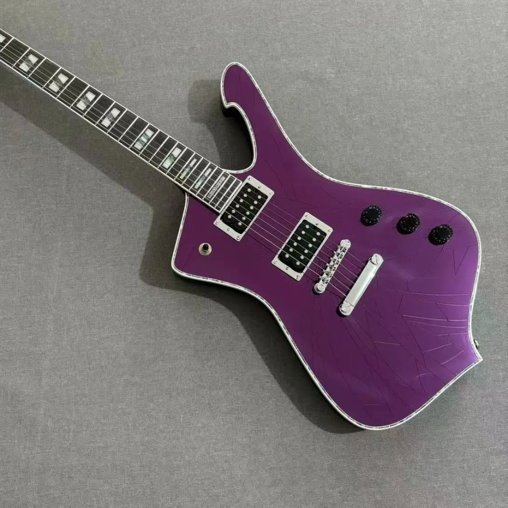 Purple 6 String Electric Guitar Solid Mahogany Body Unique Irregular Body Scratch Texture Finish Smooth Rosewood Fingerboard Rich Heavy Tone for Metal Rock Performance