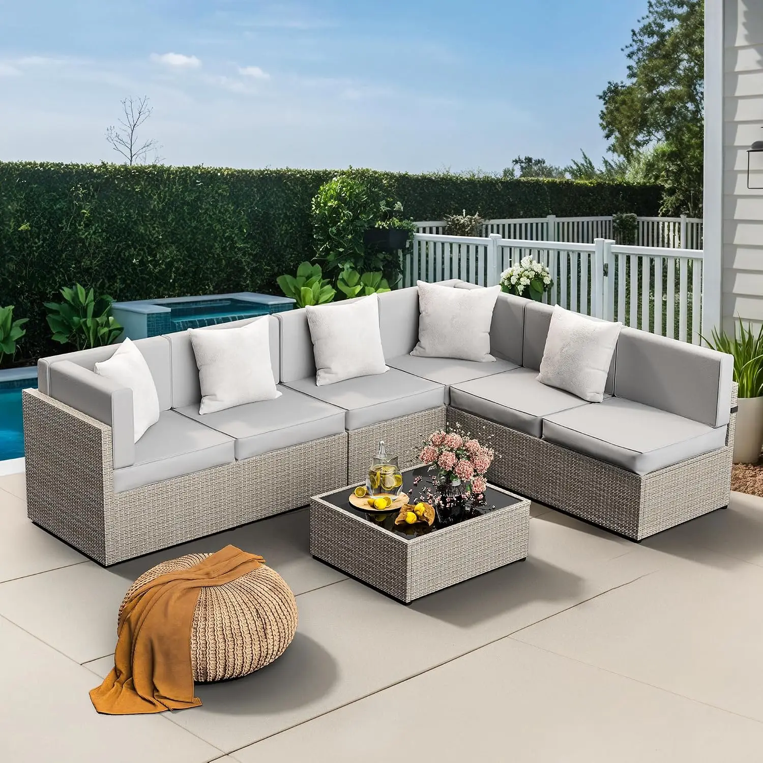 7-Piece Outdoor Wicker Sectional Sofa Set with Washable Waterproof Cushions for Backyard Poolside Garden, Gray, Customized