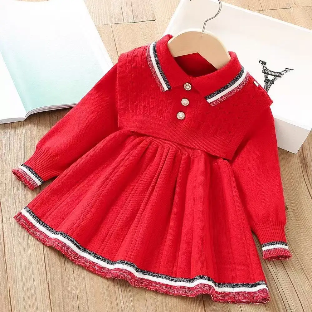 Kids Dresses for Girls Pearl Button Tricolor Striped Lapel Knit Skirt Winter College Style Children's Clothing 2026 New