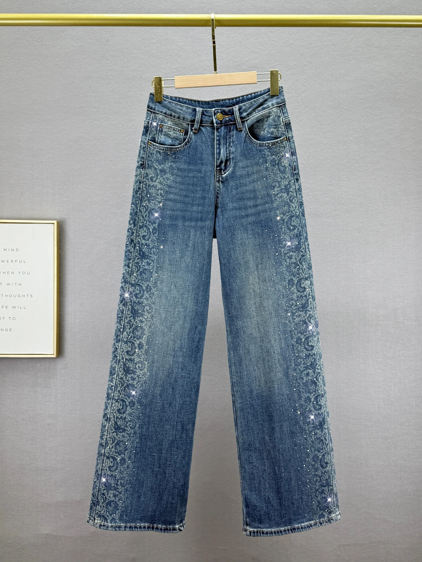 

Trendy Women's High Waist Loose Straight Leg Jeans Rhinestone Embellied Heavy Du Cotton Stretch Denim Autumn New Arrival