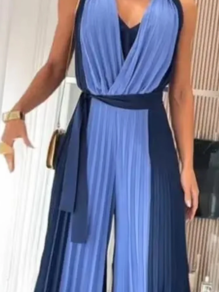 أزياء من الدانتل متابعة الخصر رومبير أنيقة الخامس الرقبة اللون الصدام المرأة بذلة عادية أكمام واسعة الساق بانت مطوي طويل Playsuit #1