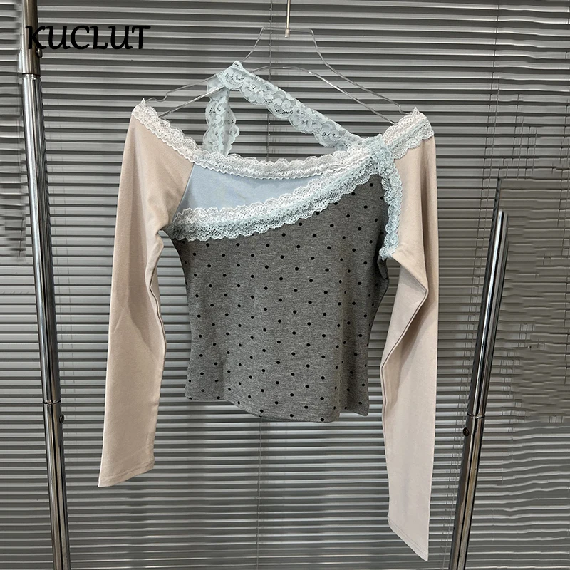

KUCLUT Fashion Dot Contact Color Lace Spliced Long Sleeve T-Shirt For Women Off-shoulder Slim Fit Top Female Trendy 1A318