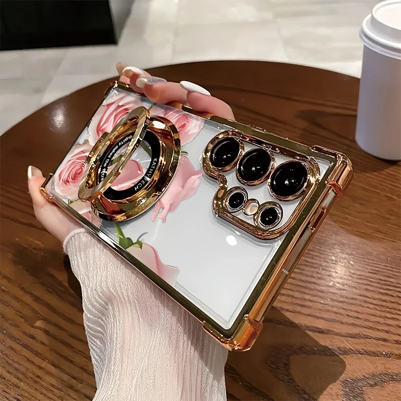 Floral Phone Case For Samsung Galaxy A07 A06 A05 A04S A02 A02S A03S A05S A04 A03 Core Bracket Shockproof Plating Soft Cover