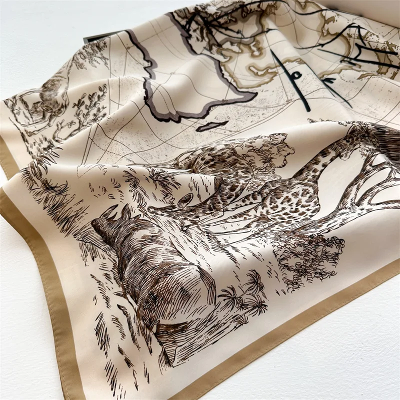 Spring Summer Luxury Design Women 90X90cm Square Silk Scarf Landscape Print Hijab Foulard Ribbon Wrap Hairband Headband Mom Gift