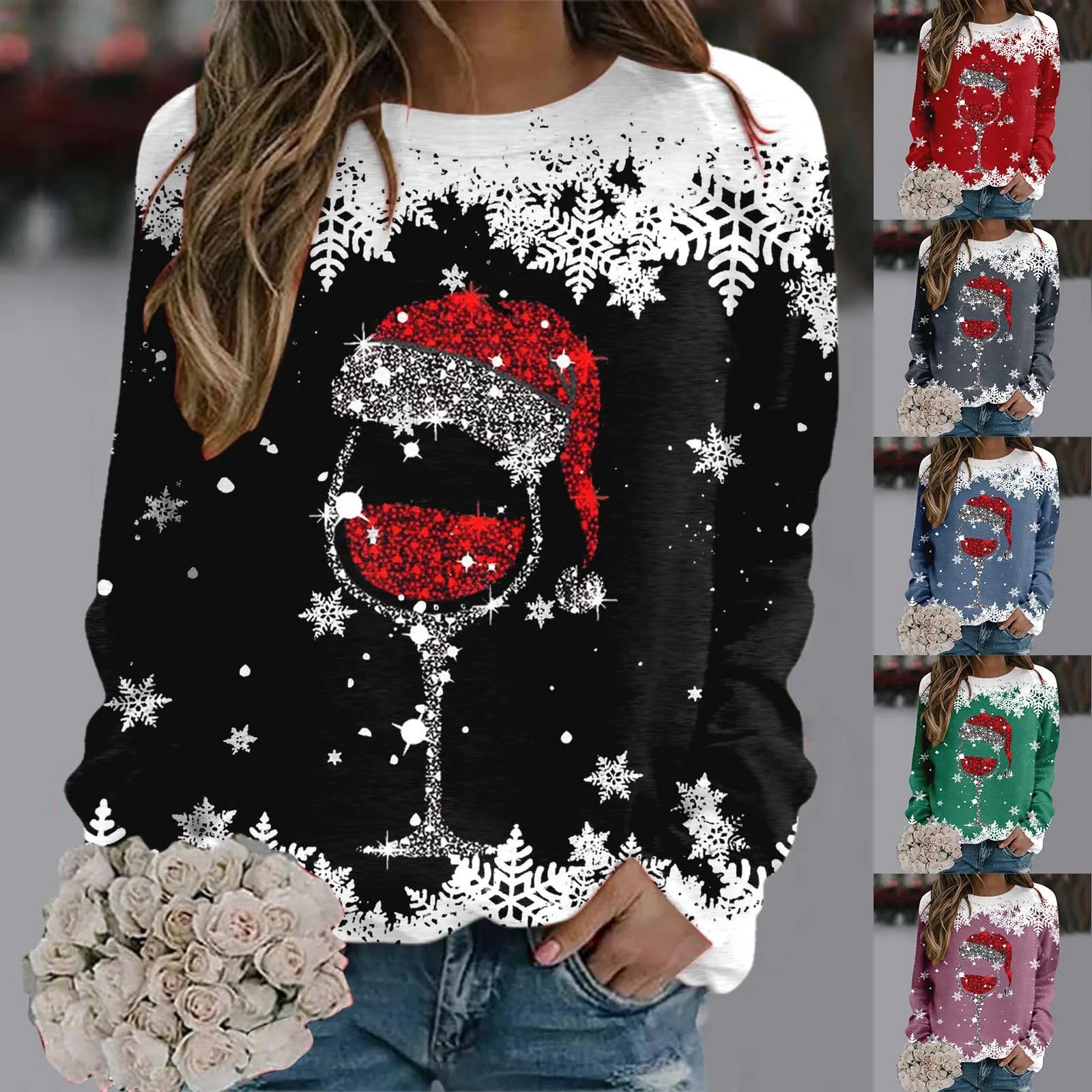 Christmas Fashion Women Xmas Wine Cup Long Sleeve Sweatshirt Cute Reindeer Graphic New Year Ladies Pullovers Female Clothing