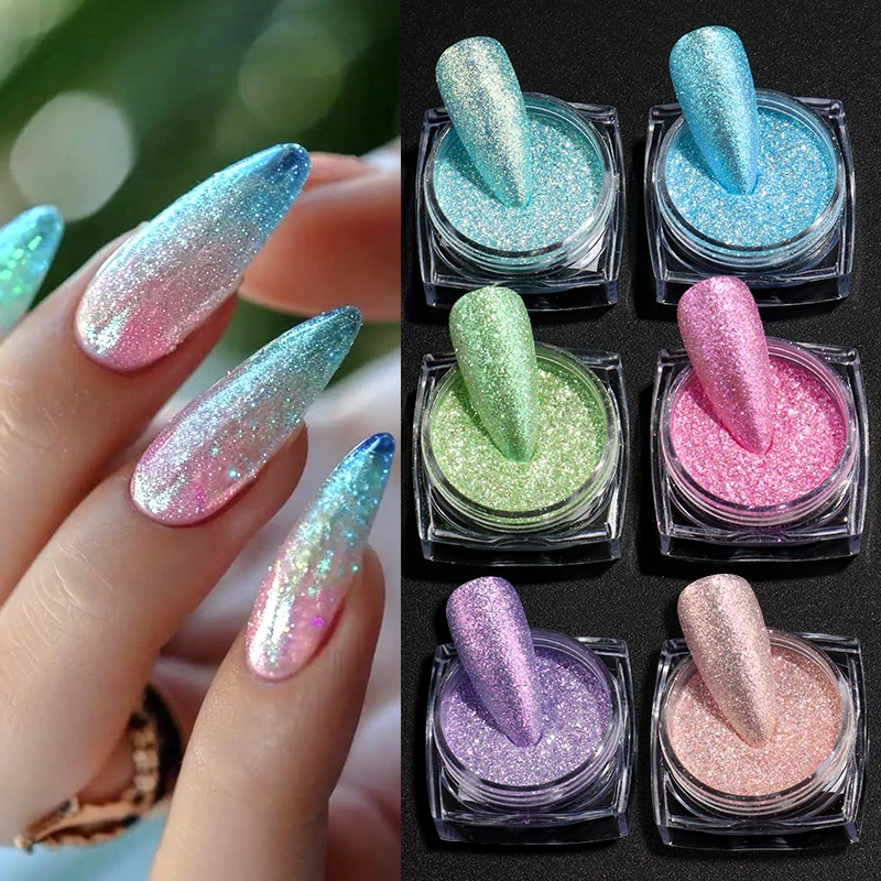6 pezzi di polvere per unghie glitterata a sirena lucida, diamanti scintillanti, fiocchi di pigmenti cromati, polvere di zucchero colorata Y2K, decorazioni per unghie estive