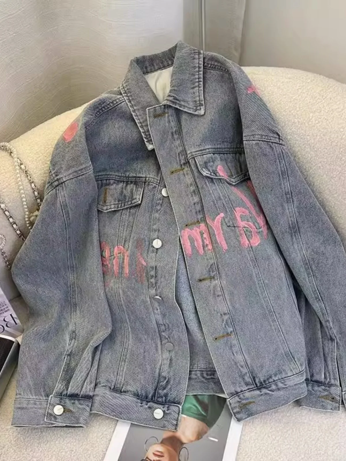 

plus Size Women's Denim Jaet fiti Print Casual Sle Long Sve Korean Version Collar Loose Fit Summer Faion