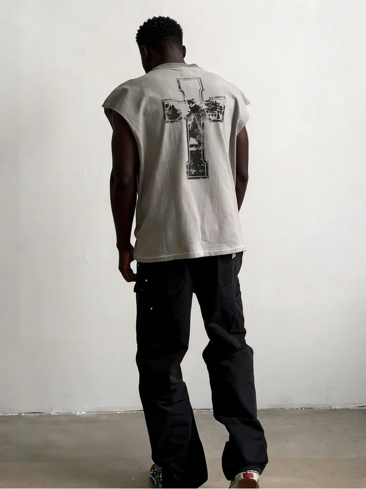 Gray Cross Sleeve-Cut 90S Vintage Distressed T Shirts Oversized Grunge Punk T-shirt Summer Tops Tees Streetwear for Men Women