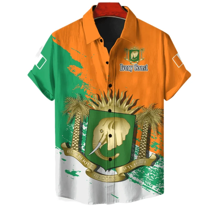 Ivory Coast Map Flag Short Sleeve Shirts For Men Clothes Africa Zone National Emblem Blouses Animal Elephant  Hawaiian Lapel Top