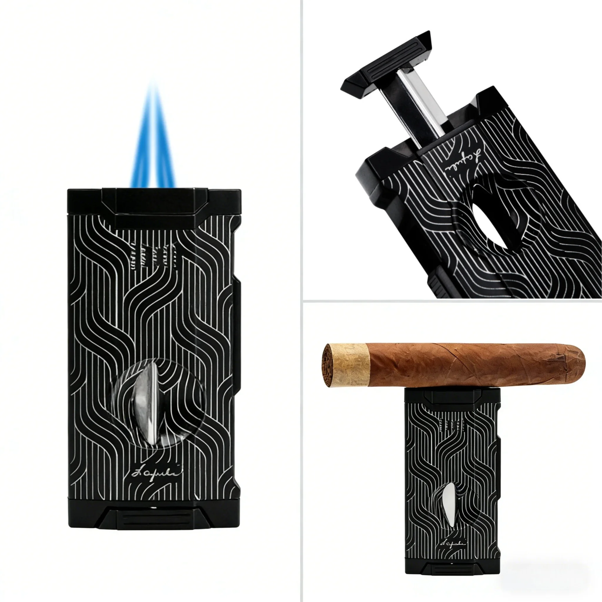 

Прикуриватель для сигар с двойным струйным пламенем, V-образным резаком и держателем для сигар, портативная зажигалка 3-в-1, многофункциональный инструмент для сигар