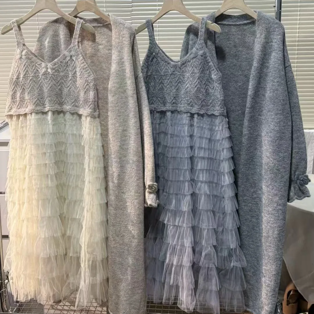 

Корейский модный повседневный комплект из двух предметов, женский офисный длинный кардиган, вязаный свитер, пальто, вечернее платье без бретелек, свободное платье-пачка