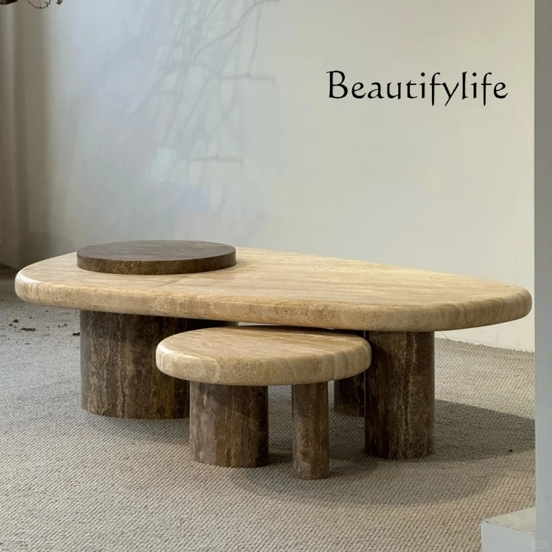 Medieval style solid wood travertine coffee table living room home modern minimalist light luxury special-shaped designer retro