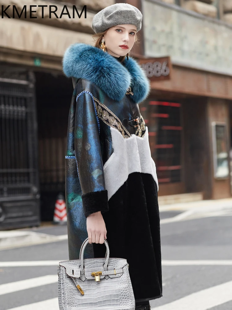 เสื้อโค้ทขนแกะแท้ KMETRAM พร้อมปกขนสุนัขจิ้งจอก เสื้อผ้าสำหรับผู้หญิง สีดำ แบบยาว มีฮู้ด เสื้อคลุมกันหนาว ปี 2025 fourrures