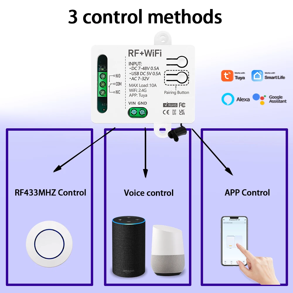 Inteligentny domowy bezprzewodowy pilot WiFi RF do sterowania światłem, przekaźnik z suchym stykiem DC 12V 24V do uniwersalnego zamka elektronicznego drzwi garażowych — zdjęcie produktu 4