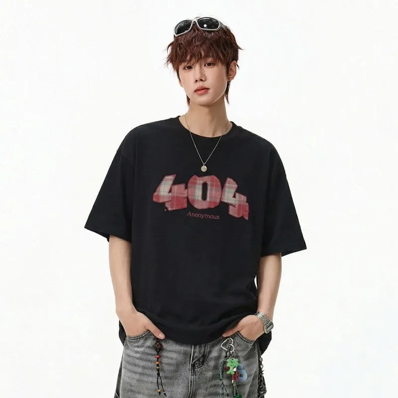 TFETTERS 2026 Summer American Retro Streetwear Men's Oversized T-Shirt Plaid Patch 