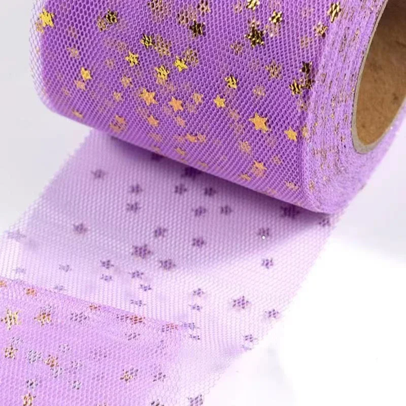 Rollo de tul con estampado en caliente de estrellas plateadas, accesorios para el cabello para niños, decoración de regalo de boda, tamaño 6cm x 25