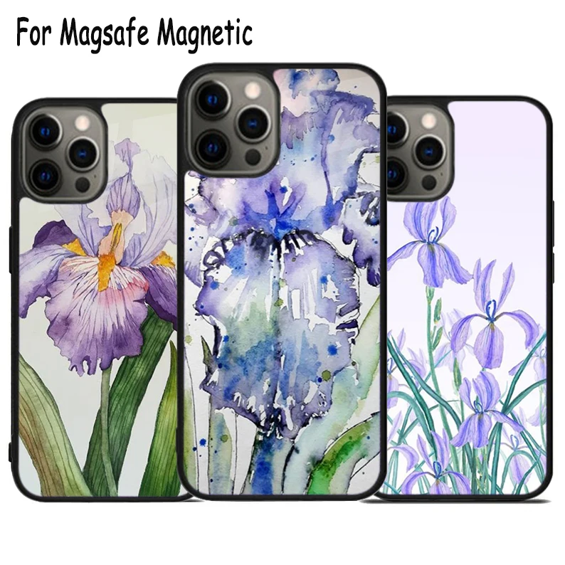 Iris Purple Flower Watercolor Wireless Charge Magsafe Phone Case For iPhone 15 16 14 13 11 12 Pro Max Plus Magnetic Bumper Cover