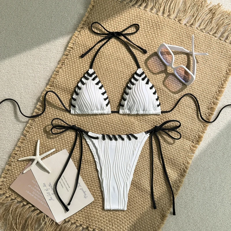 Conjunto de Bikini de tejido arrugado con cuello Halter, traje de baño para mujer, ropa de playa para mujer, traje de baño Tankini, Bikini brasileño para mujer