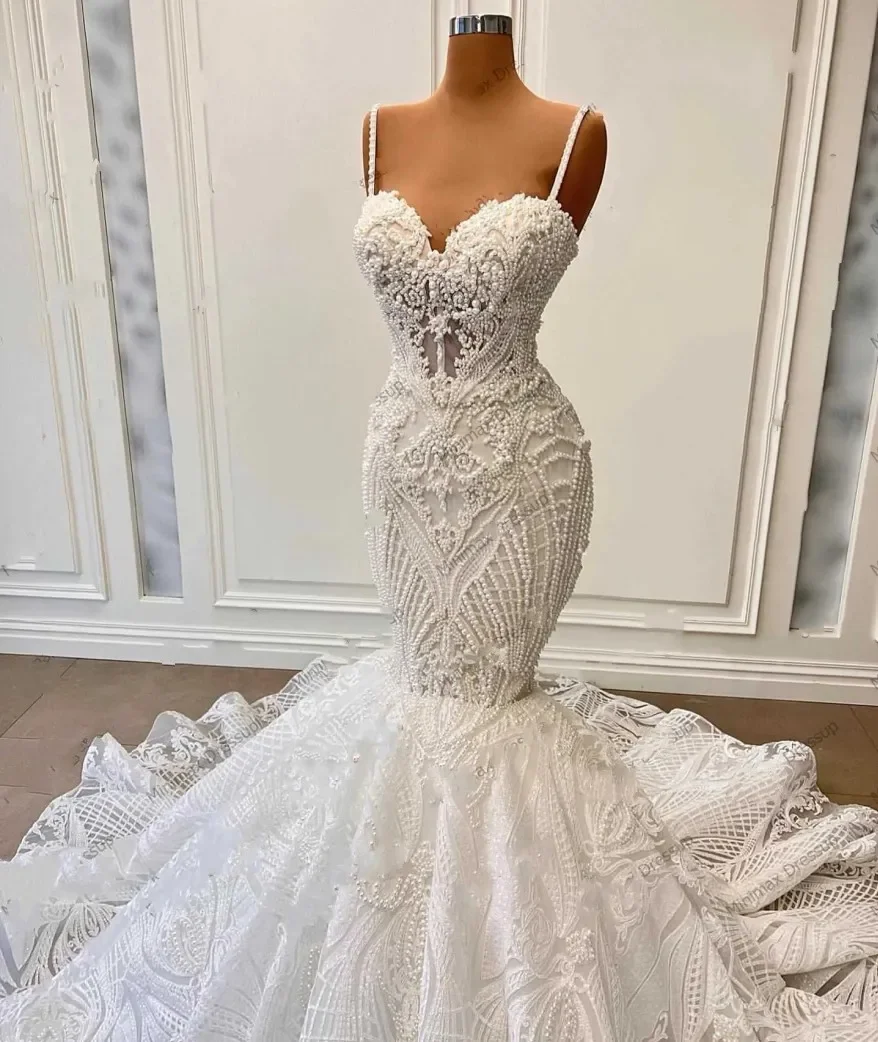 

2026 Luxury Mermaid Wedding Dresses Beading Pearls Spaghetti Strap Appliques Lace Bridal Formal Gowns Vestidos De Noiva