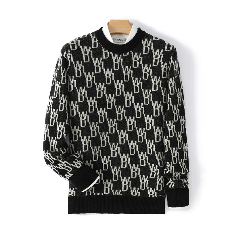 

High-End Color-Block 100% Pure Wool Sweater Men's Round Neck Long Sleeve Autumn Winter New Knitted Casual Cashmere Base Shirt