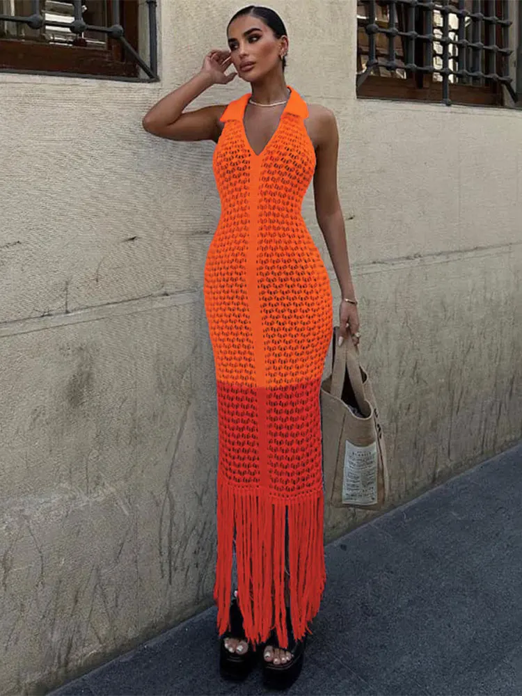 Kliou Gebreide Sexy Vrouwen Maxi Jurken Mode Prachtige Panelen Revers Lage Hals Mouwloos Kwastje Schede Lange Gewaad Mujer Clubwear
