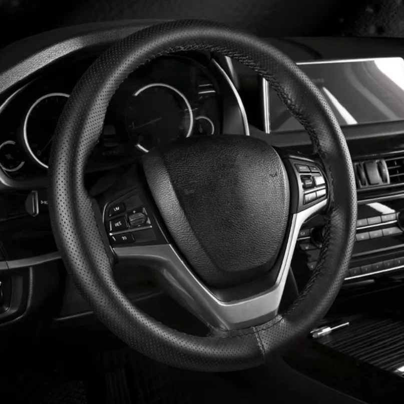 Universal Leather car steering wheel stitched on cover to fit 38cm 14 