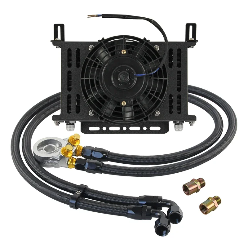 7'' Electric Fan Kit + Universal 13 Row AN10 Oil Cooler 80 °C Thermostat Filter Adapter 3/4x16UNF and M20x1.5 Black/Blue