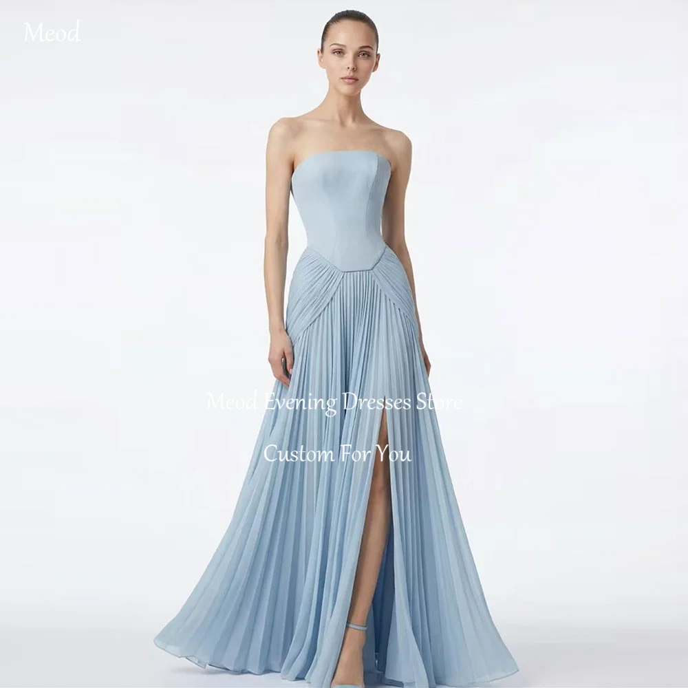 

MEOD Baby Blue High Slit Graceful Women's Mermaid Evening Gowns Strapless Prom Dress Sleeveless Robes De Soirée Customized