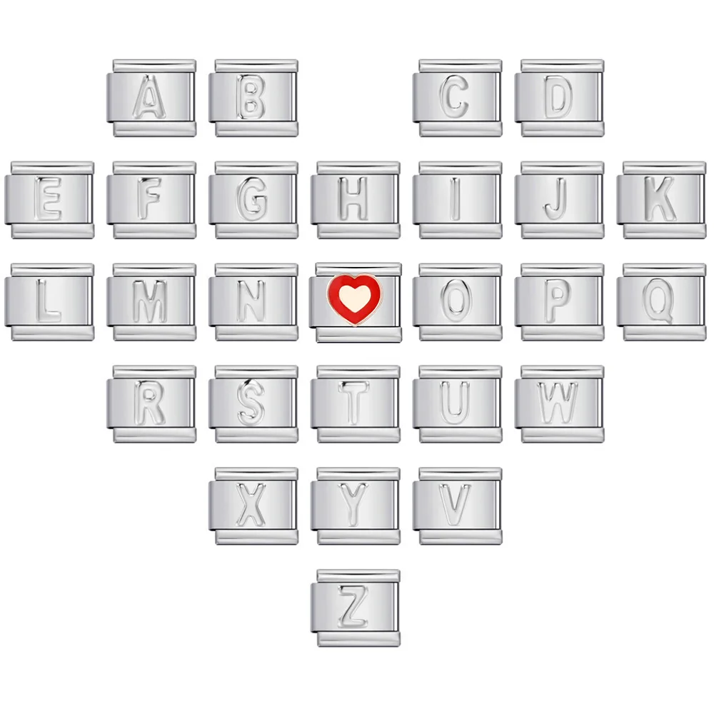 URING Fashion Silver Color 26 Letters A-Z Italian Charm Links Fit 9mm Stainless Steel Women Men Bracelet Jewelry DIY Making