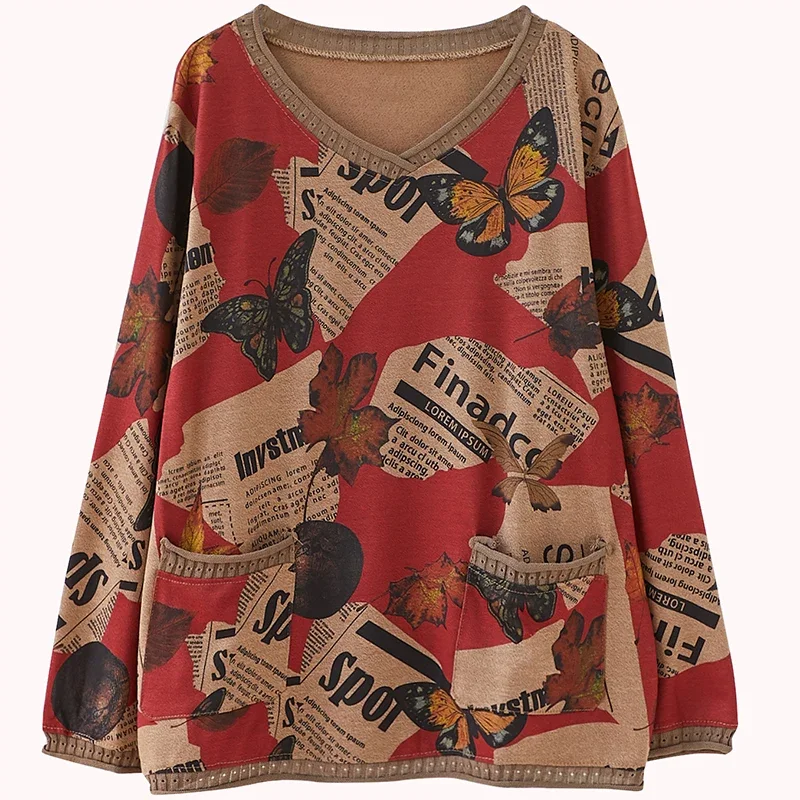 Women Spring Autumn Fashion Newspaper Butterfly Vintage Print Long Sleeve V-Neck Sweater Office Lady Folk Casual Loose Knitwear