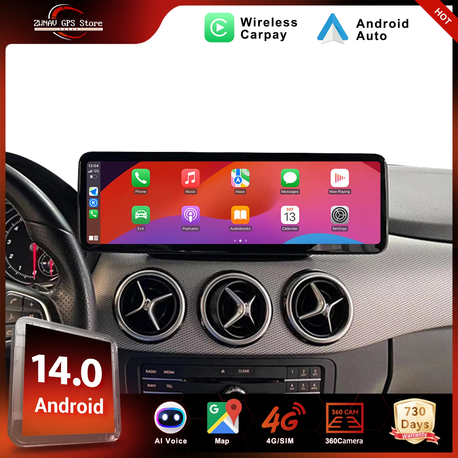 

Автомобильное радио ZWNAV Android 14 для Mercedes-Benz B-Class 2015-2018, беспроводная система CarPlay Auto DSP Sound, GPS-навигация, Wi-Fi, 4G