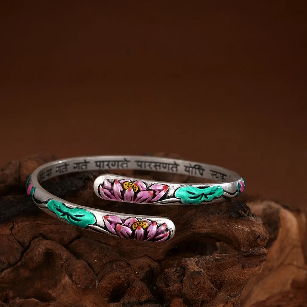 قابل للتعديل لوتس النحاس الإسورة خمر سحر النمط الصيني أساور العرقية نمط اليد مجوهرات مصوغة بطريقة المفتوحة الإسورة الطرف #1