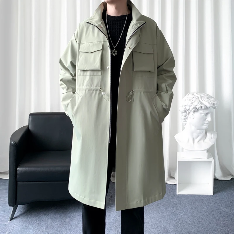 Autumn Collar Long Windbreaker Single Breasted Solid Color Pocket Trench Coat Large Casual Men Clothing Loose Tops Zipper Jacket