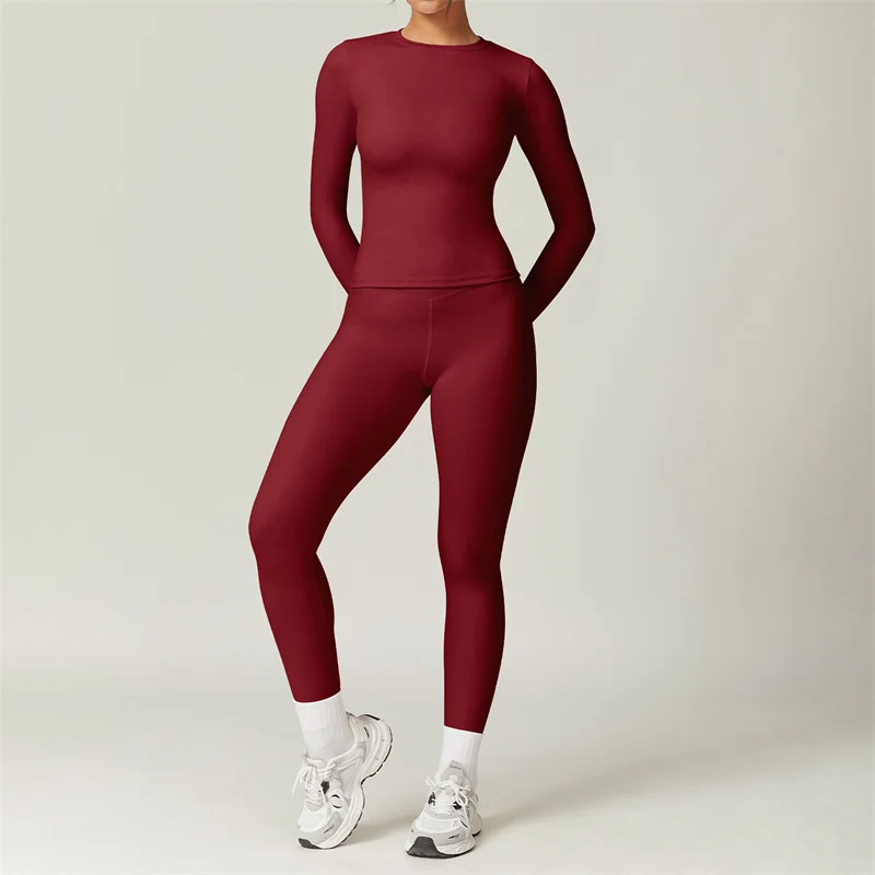 SVEIC Long Sleeves Yoga Set Leggings Sports Top Breathable Fitness Women's Tracksuit Workout Training Two Piece Suit Gym Clothes