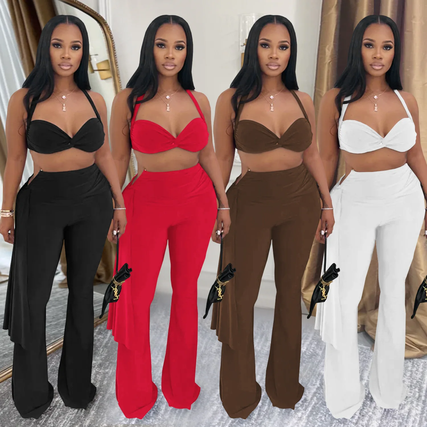 Sexy Halter Bikini Tops 2 Piece Pant Set Outfits Y2K Streetwear Women Flare Pants Tracksuit Elegant Bandage Tops Two Piece Sets
