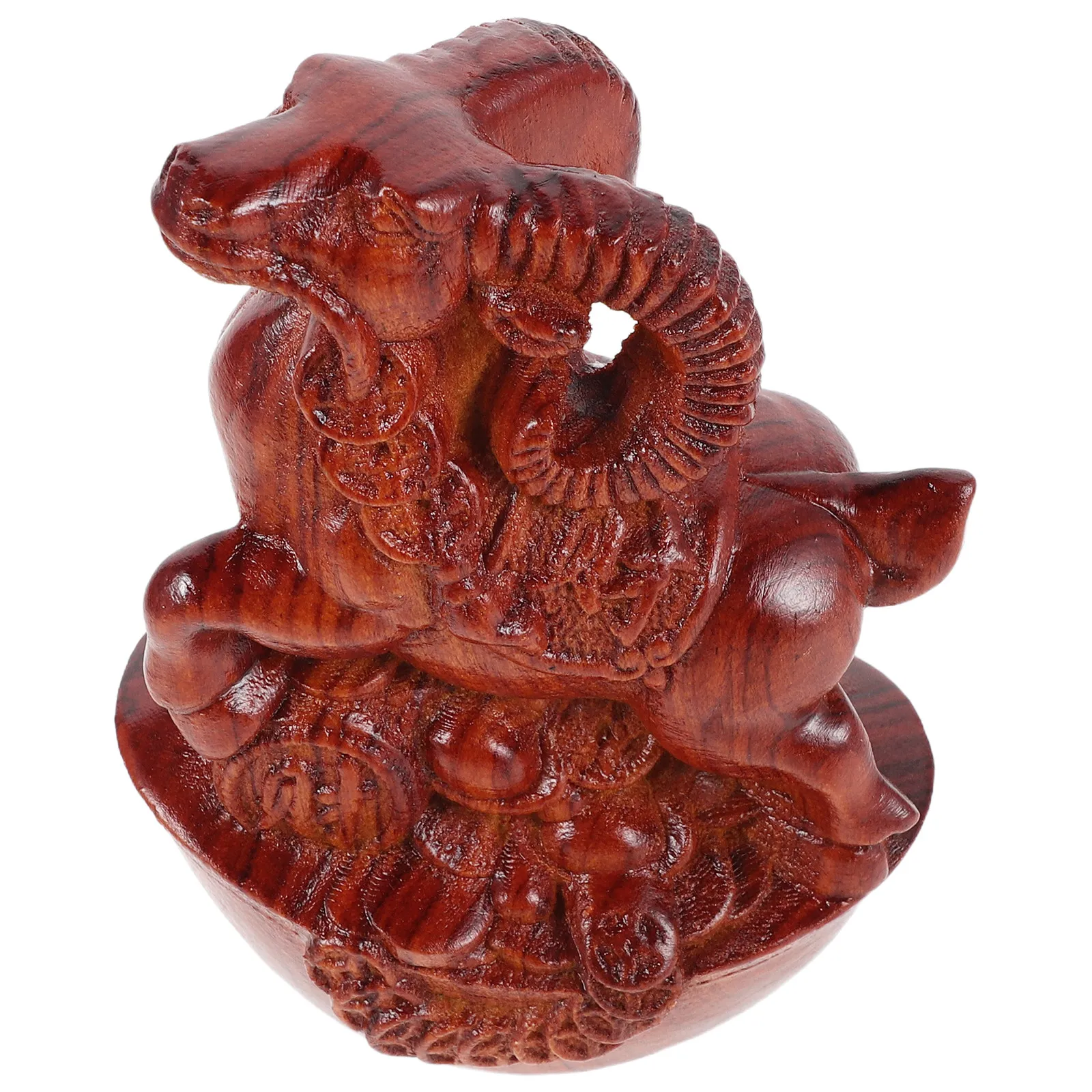 Wooden Chinese Sheep Statue 4.5in Carved Year of The Goat Fengshui Sculpture Prosperity Decor for Desktop Tabletop