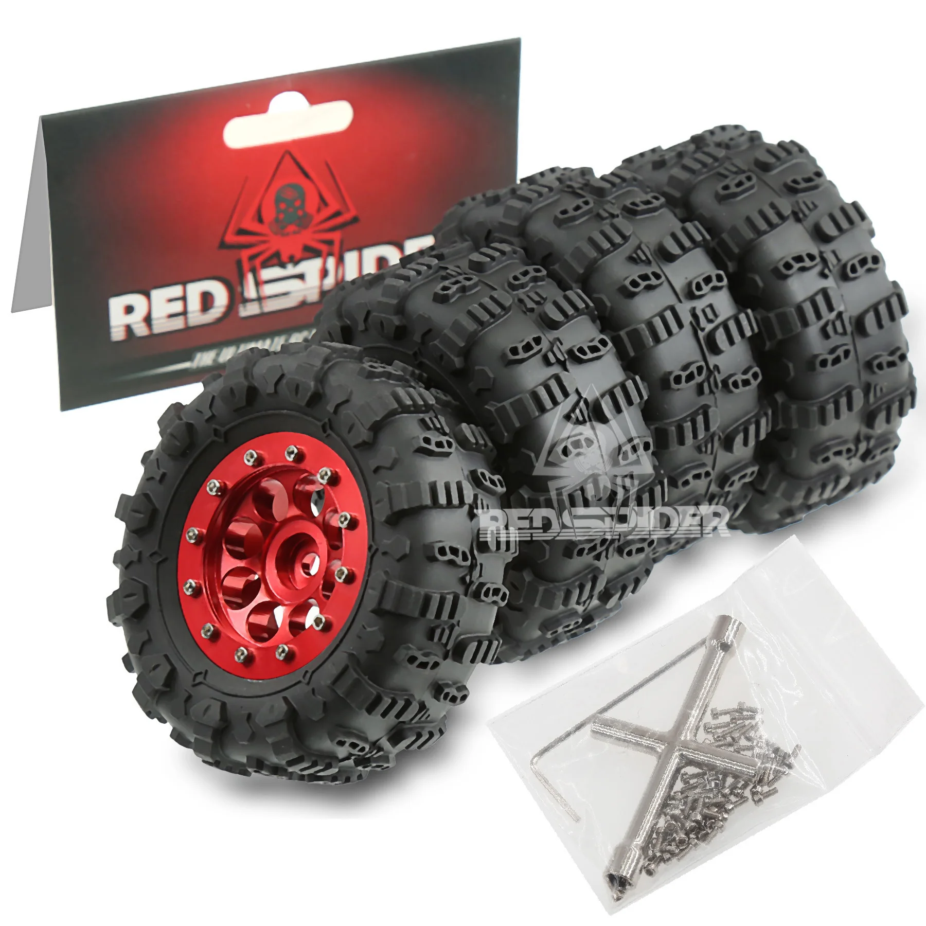 Conjunto de pneus de borracha e rodas de metal de 1,3 polegadas para crawler 1/18 TRX4M SCX24 FMS, 4 peças de pele de pneu atualizada com aro de roda para Rock C